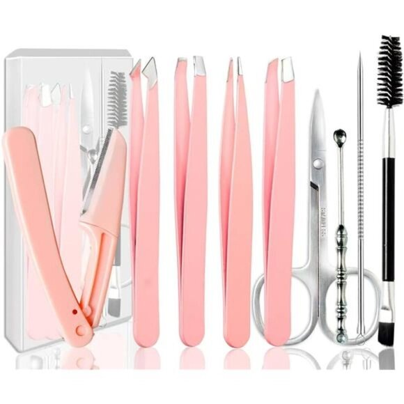 9-Piece Pink Eyebrow Grooming Kit Professional Tweezer & Razor Set With Case - Picture 1 of 6
